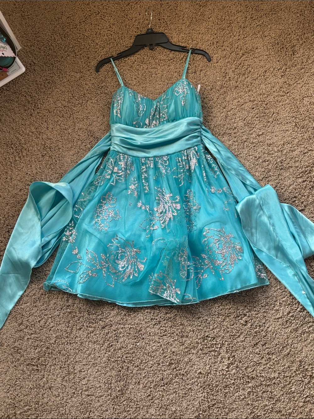 B Darlin Turquoise Glitter Floral Tulle Dress with Satin Sash